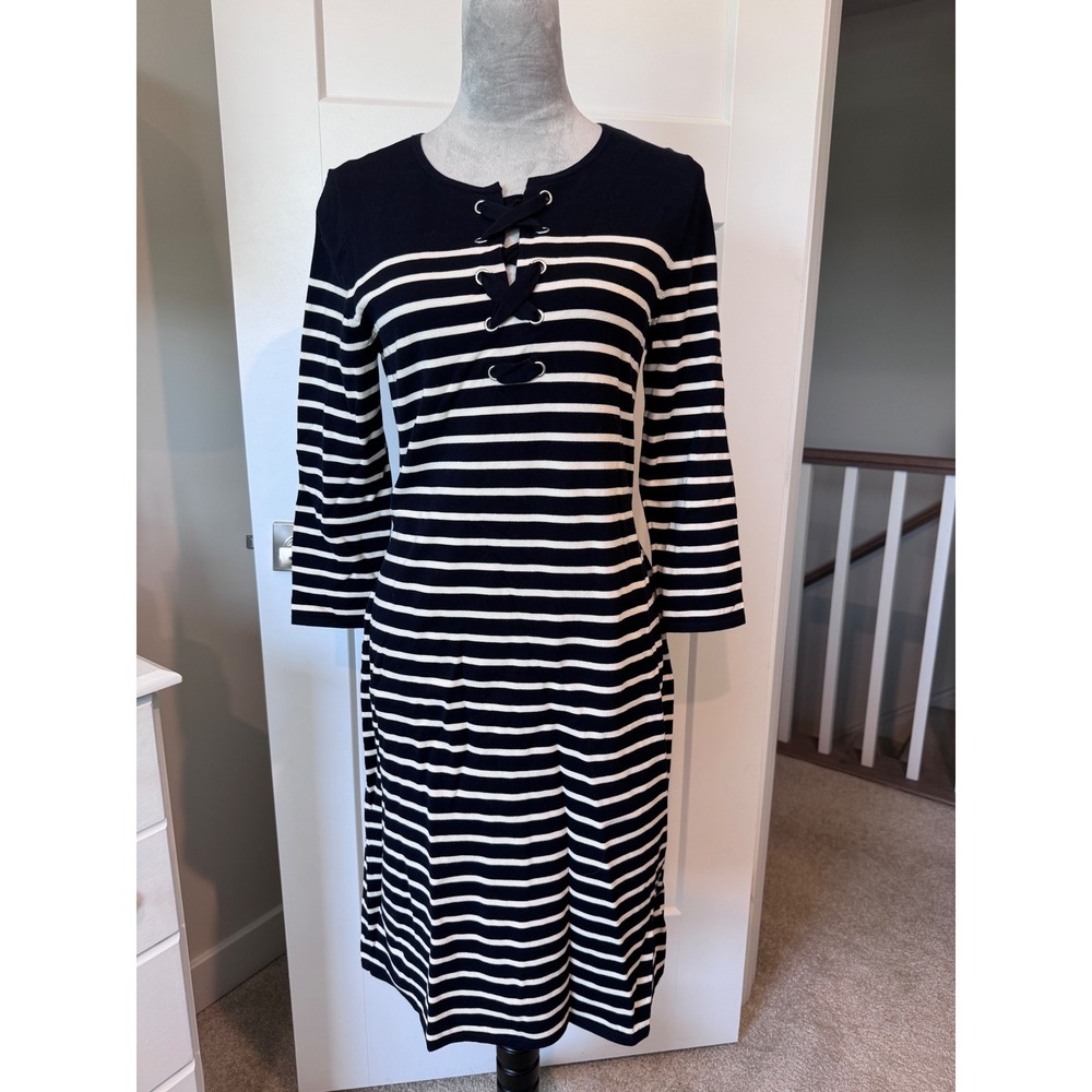 Talbots Navy nautical White Striped Lace Up Grommet Midi Sweater Dress NWT Med
